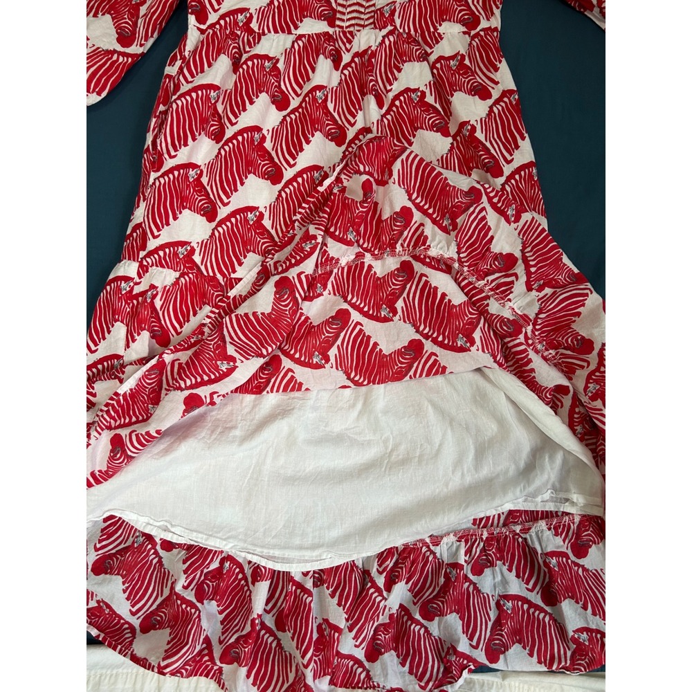 Liza Byrd Red White Zebra Print Cotton Maxi Dress Long Sleeve Tiered V-Neck M - Picture 6 of 9